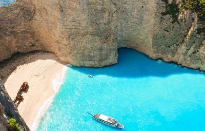 See beautiful Smugglers Cove in Zante, Greece
