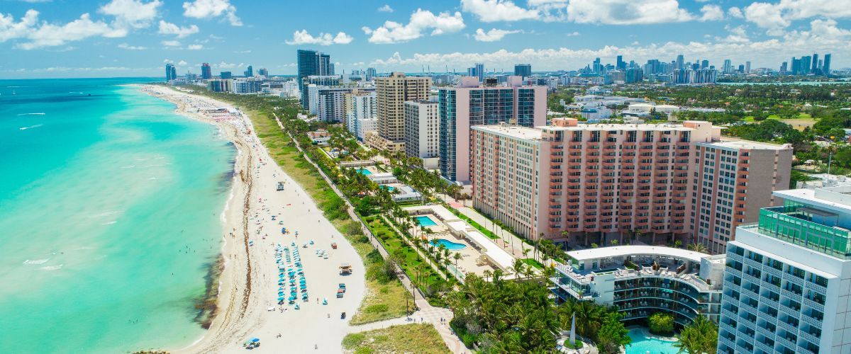 A holiday to America with Miami beaches and skyline of skyscrapers